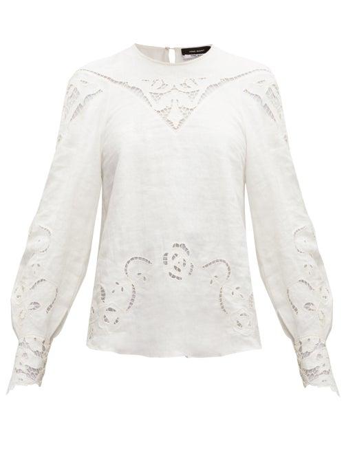 Matchesfashion.com Isabel Marant - Bar-embroidered Slubbed-poplin Blouse - Womens - Ivory