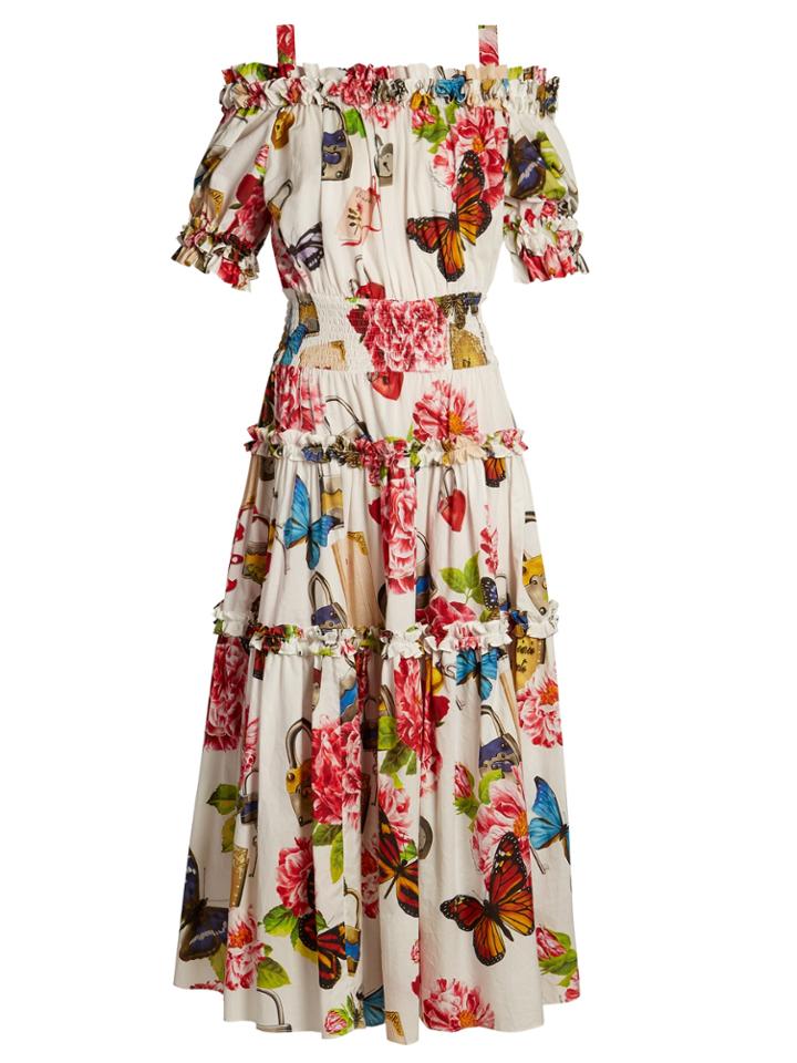 Dolce & Gabbana Butterfly And Padlock-print Off-the-shoulder Dress