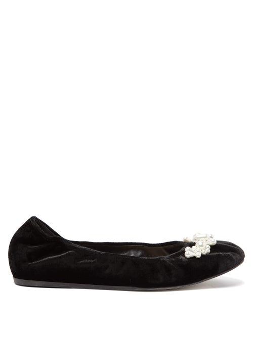 Matchesfashion.com Simone Rocha - Pearl Embellished Velvet Ballet Flats - Womens - Black