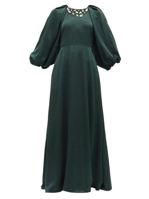 Matchesfashion.com Ssone - White Moon Crystal-appliqu Upcycled Satin Gown - Womens - Dark Green