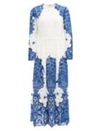 Matchesfashion.com Valentino - Delf-print Guipure-lace Cotton-blend Midi Dress - Womens - Blue White