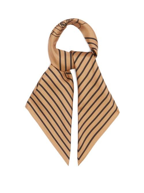 Matchesfashion.com Lescarf - Rose-print Striped-border Silk Scarf - Womens - Camel