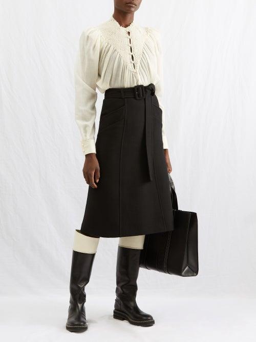Chlo - Belted Wool-twill Midi Skirt - Womens - Black