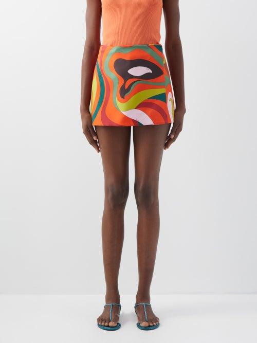 Pucci - Marmo-print Silk-twill Wrap Skirt - Womens - Orange Multi