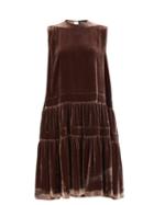 Matchesfashion.com Rochas - Tiered Velvet Midi Dress - Womens - Dark Brown