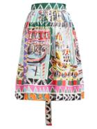 Matchesfashion.com Prada - Venice Print High Rise Cotton Poplin Midi Skirt - Womens - Blue Multi