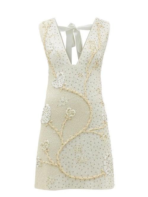 Matchesfashion.com Ganni - Tie-back Floral Beaded-crepe Mini Dress - Womens - Ivory