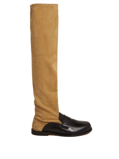 Matchesfashion.com Loewe - Over The Knee Leather Loafer Boots - Womens - Black Tan