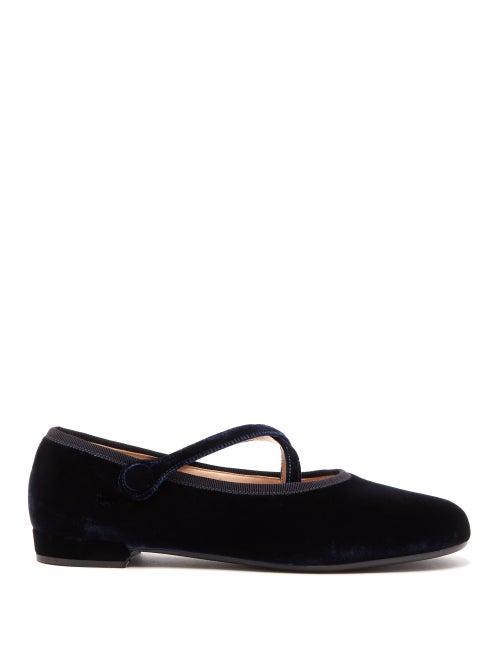 Matchesfashion.com Miu Miu - Cross Strap Velvet Ballet Pumps - Womens - Navy