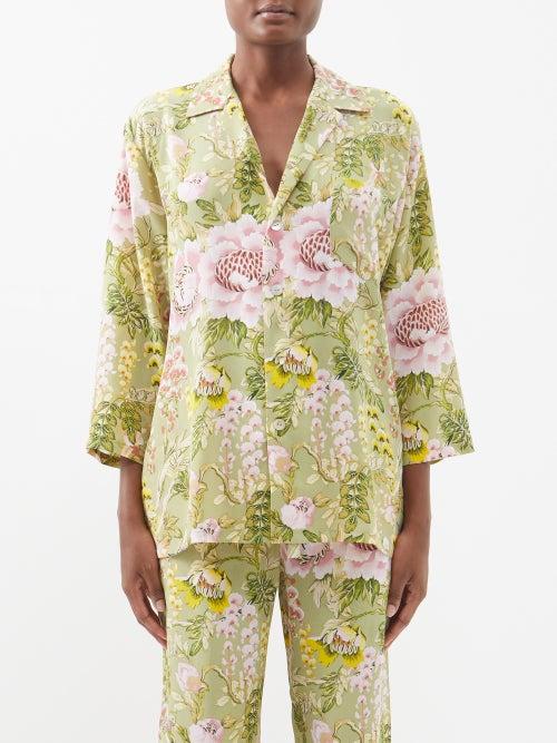 Olivia Von Halle - Casablanca Musca Silk Pyjama Set - Womens - Green Pink