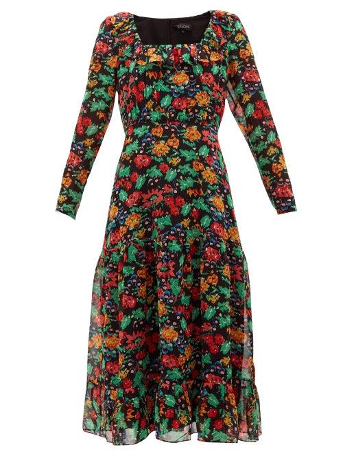 Matchesfashion.com Saloni - Misha Floral-print Silk-chiffon Midi Dress - Womens - Black Multi