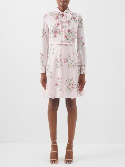 Giambattista Valli - Pussy-bow Floral-print Silk Dress - Womens - Light Pink Multi