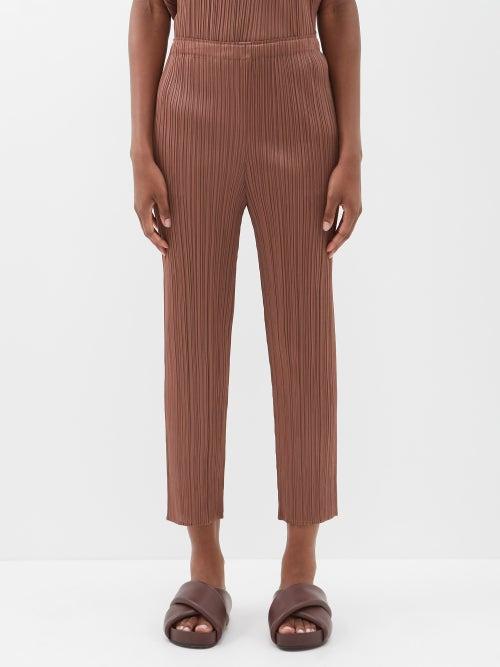 Pleats Please Issey Miyake - Cropped Technical-pleated Slim-leg Trousers - Womens - Dark Brown
