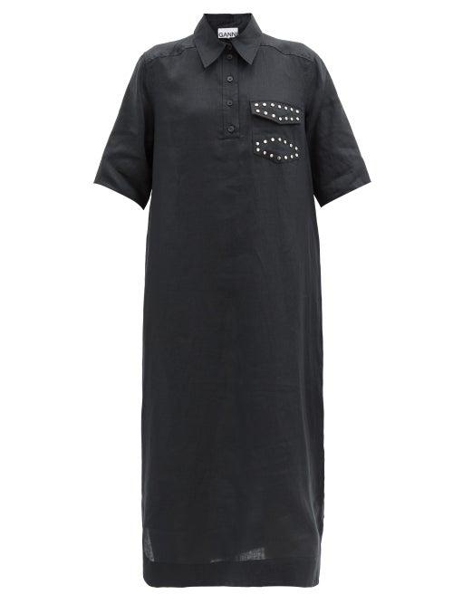 Matchesfashion.com Ganni - Studded-pocket Linen-poplin Longline Dress - Womens - Black