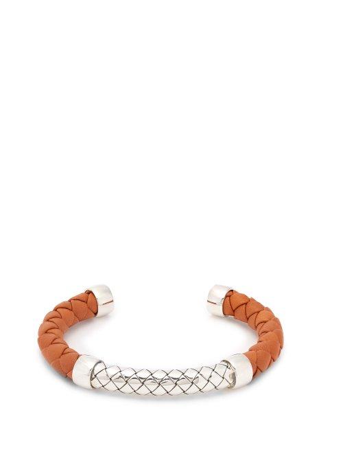 Matchesfashion.com Bottega Veneta - Intrecciato Leather And Sterling Silver Cuff - Mens - Orange