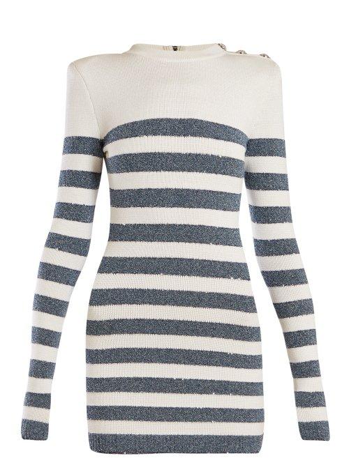 Matchesfashion.com Balmain - Sequinned Striped Knit Mini Dress - Womens - Blue White