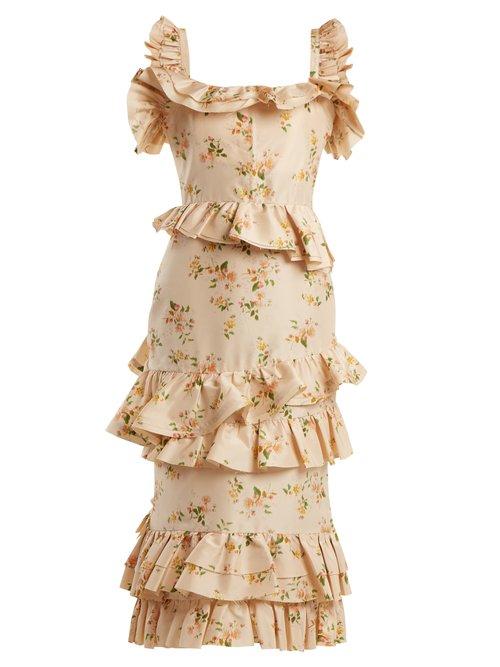 Matchesfashion.com Brock Collection - Daria Floral Print Silk Taffeta Dress - Womens - Beige Print