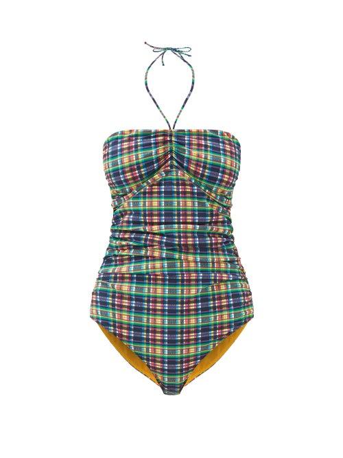Matchesfashion.com Ganni - Halterneck Ruched Checked Swimsuit - Womens - Multi
