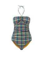 Matchesfashion.com Ganni - Halterneck Ruched Checked Swimsuit - Womens - Multi