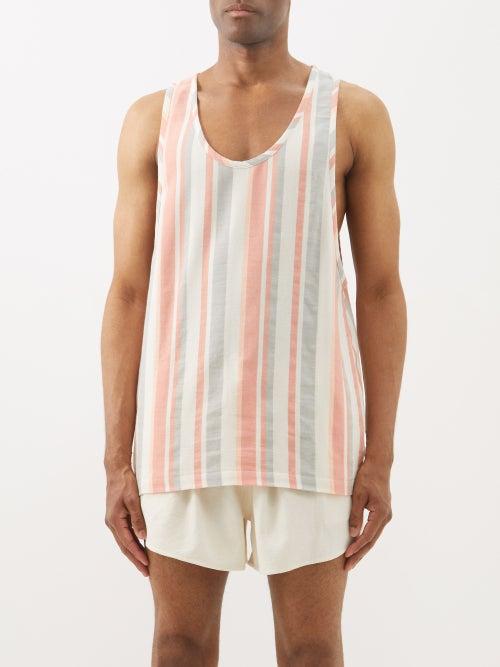 Marrakshi Life - Elongated-hem Striped Cotton Tank Top - Mens - Red Multi