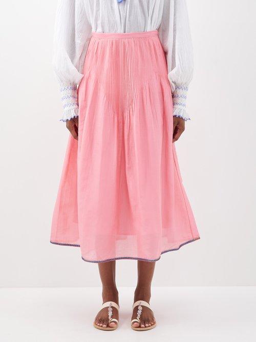 Thierry Colson - Verde Pintucked Cotton Midi Skirt - Womens - Pink
