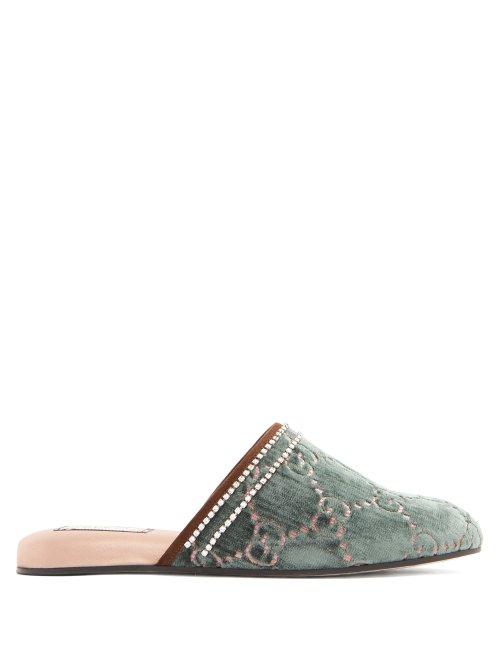 Matchesfashion.com Gucci - Gg Crystal Embellished Velvet Slipper Shoes - Womens - Green Multi