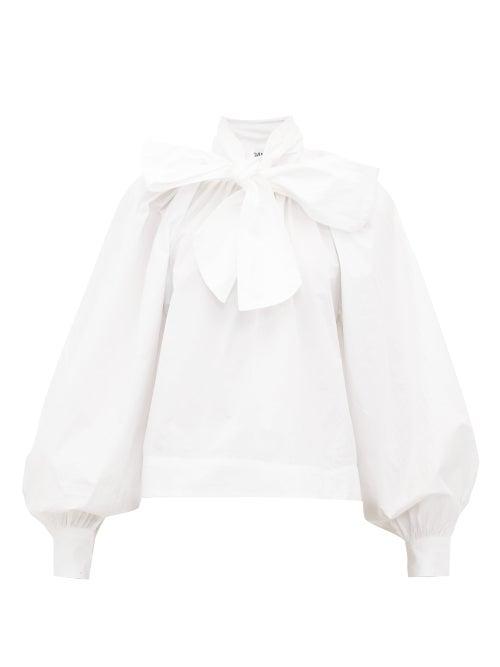 Matchesfashion.com Ganni - Pussy Bow Balloon Sleeve Cotton Blouse - Womens - White