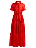 Matchesfashion.com La Doublej - Long & Sassy Ruffled Silk Satin Dress - Womens - Red