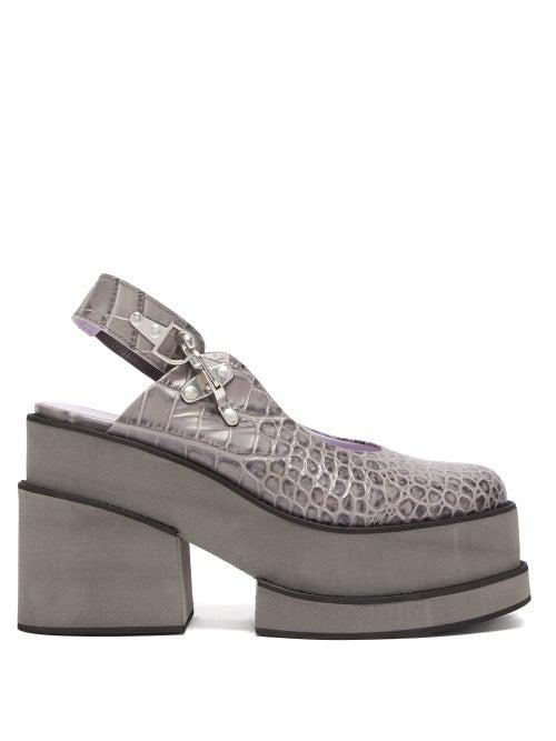 Matchesfashion.com Ganni - Crocodile Effect Leather Platform Shoes - Womens - Grey