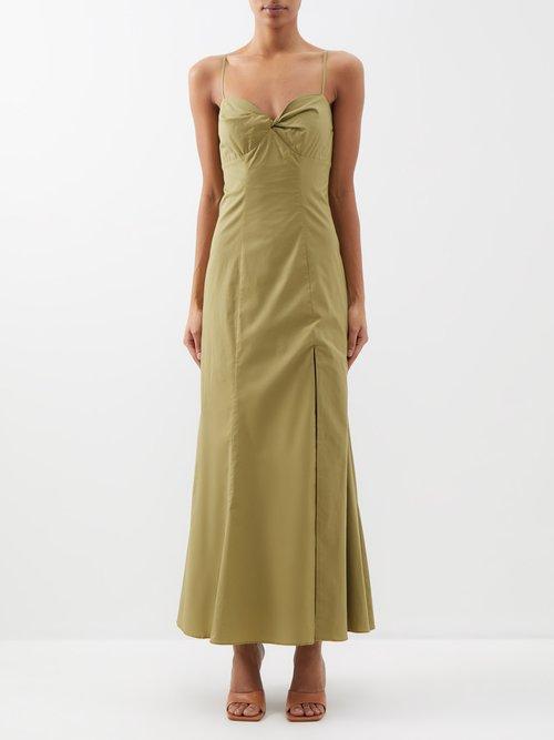 Staud - Nataly Sweetheart-neck Cotton-blend Midi Dress - Womens - Khaki