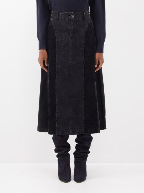 Sea - Tyla Denim-panelled Cotton-corduroy Midi Skirt - Womens - Black
