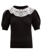 Matchesfashion.com Self-portrait - Puffed-sleeve Crochet-yoke Sweater - Womens - Black