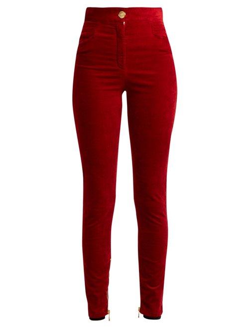 Matchesfashion.com Balmain - Stretch Velvet Skinny Trousers - Womens - Red