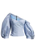 Matchesfashion.com Natasha Zinko - Asymmetric Off The Shoulder Check Cotton Top - Womens - Blue