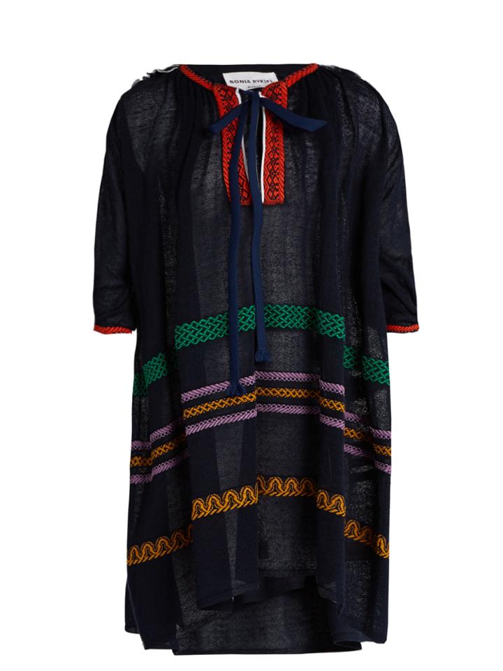 Sonia Rykiel Tie-neck Embroidered Linen-blend Dress