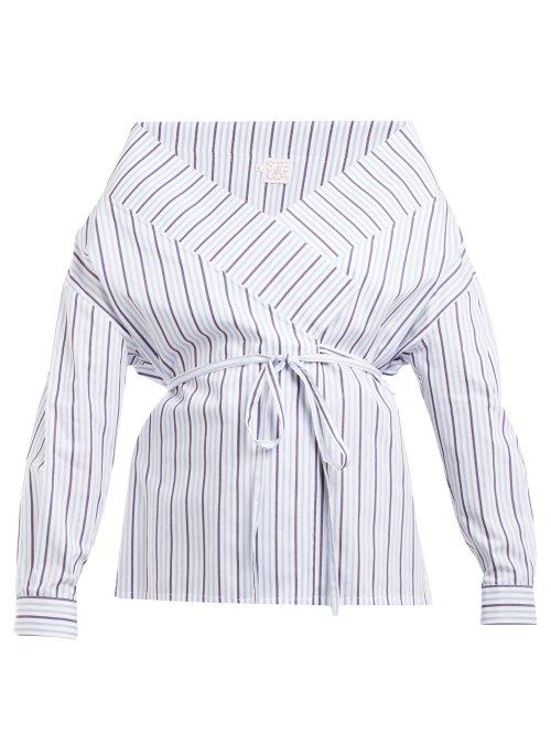 Matchesfashion.com Stella Jean - Tie Waist Striped Cotton Wrap Top - Womens - Blue Stripe