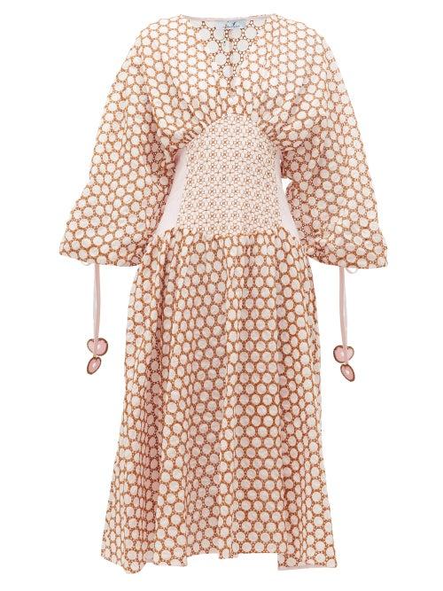 Matchesfashion.com My Beachy Side - Ruched-sleeve Broderie-anglaise Cotton Midi Dress - Womens - Light Pink