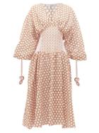 Matchesfashion.com My Beachy Side - Ruched-sleeve Broderie-anglaise Cotton Midi Dress - Womens - Light Pink