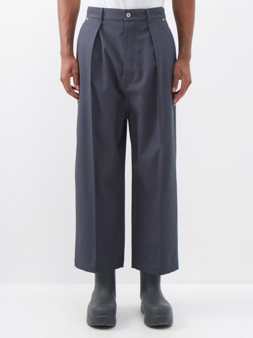 Loewe - Pleated Cotton Wide-leg Trousers - Mens - Dark Blue