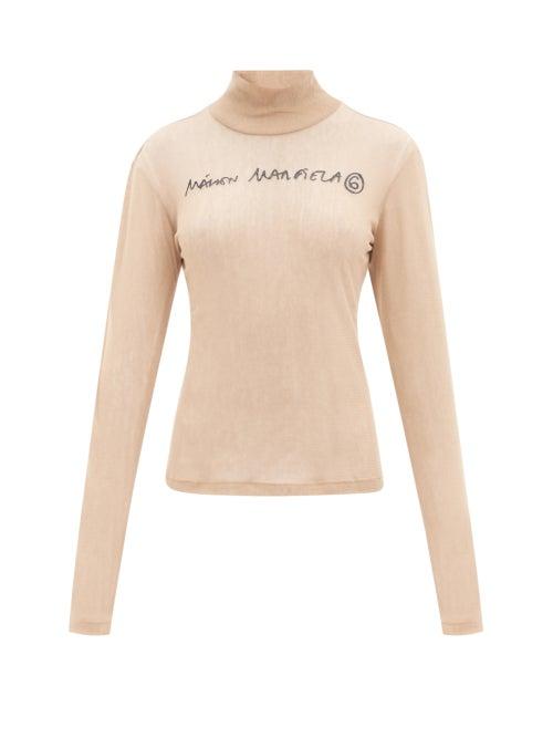 Ladies Rtw Mm6 Maison Margiela - Logo-print Stand-neck Jersey And Mesh Top - Womens - Nude