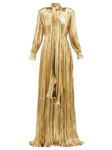 Matchesfashion.com Gucci - Pussy-bow Silk-blend Lam Gown - Womens - Gold