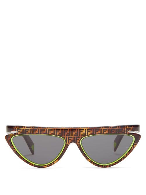 Matchesfashion.com Fendi - Ff Logo Flat Top Cat Eye Acetate Sunglasses - Womens - Brown Multi