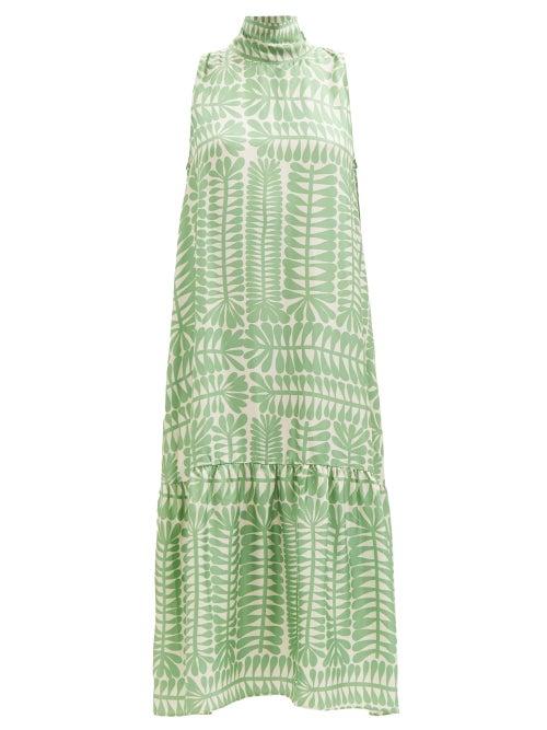 Asceno - Oslo Foliage-print Silk-twill Trapeze Dress - Womens - Green Print