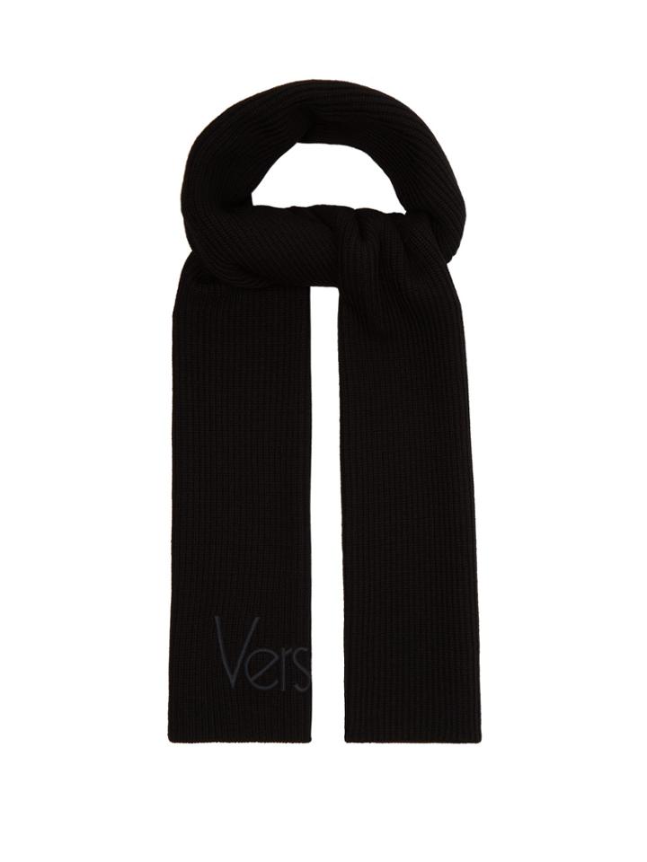 Versace Logo-embroidered Ribbed-knit Wool Scarf