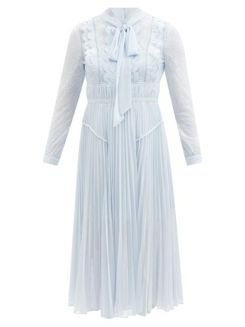 Self-portrait - Pussy-bow Lace And Pleated Chiffon Midi Dress - Womens - Light Blue