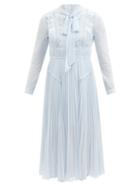 Self-portrait - Pussy-bow Lace And Pleated Chiffon Midi Dress - Womens - Light Blue