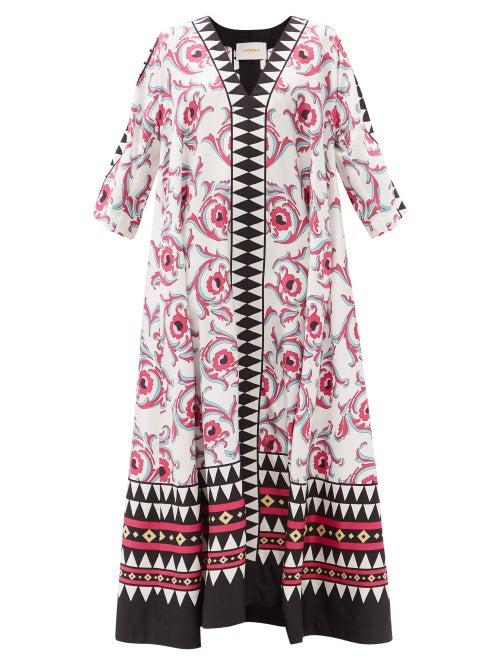 Matchesfashion.com La Doublej - Muumuu Placement-print Silk-twill Kaftan Dress - Womens - Blue Multi