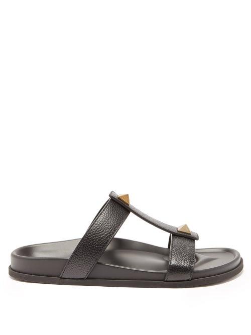 Matchesfashion.com Valentino Garavani - Grained-leather Slides - Mens - Black Gold