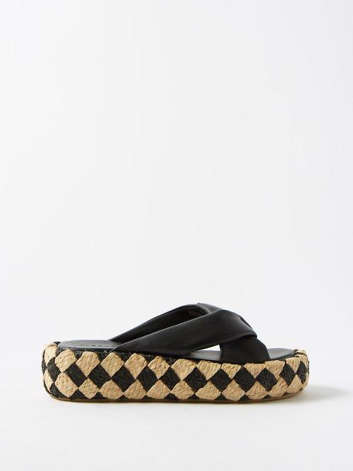 Clergerie - Andrew 50 Leather And Raffia Flatform Slides - Womens - Black Beige