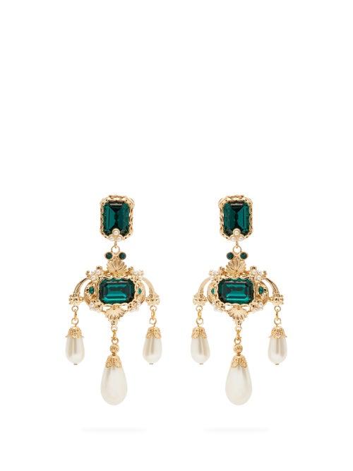 Matchesfashion.com Dolce & Gabbana - Crystal And Faux Pearl Drop Earrings - Womens - Green
